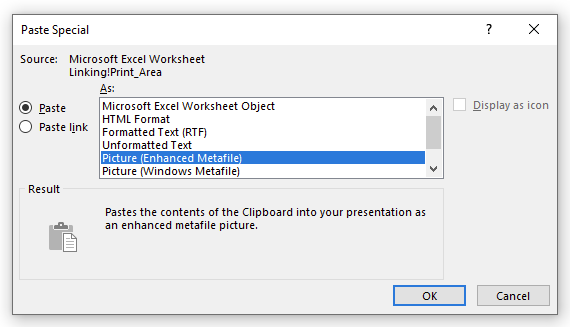 Linking from Excel to PowerPoint and Word - Method #1 - Paste as an Enhanced Metafile Picture