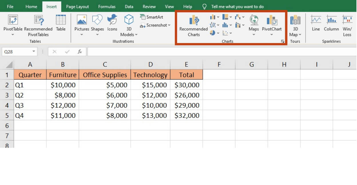 excel ribbon to create bar chart