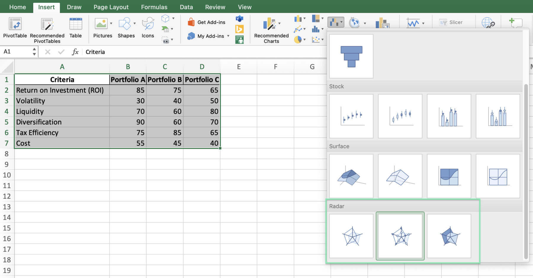 create radar chart excel
