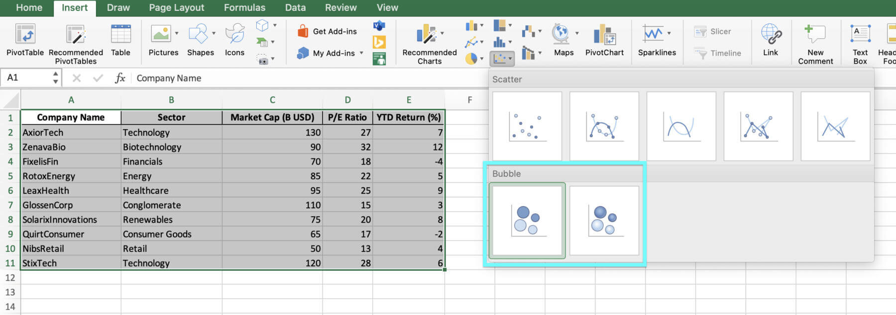 how to create a bubble chart in excel