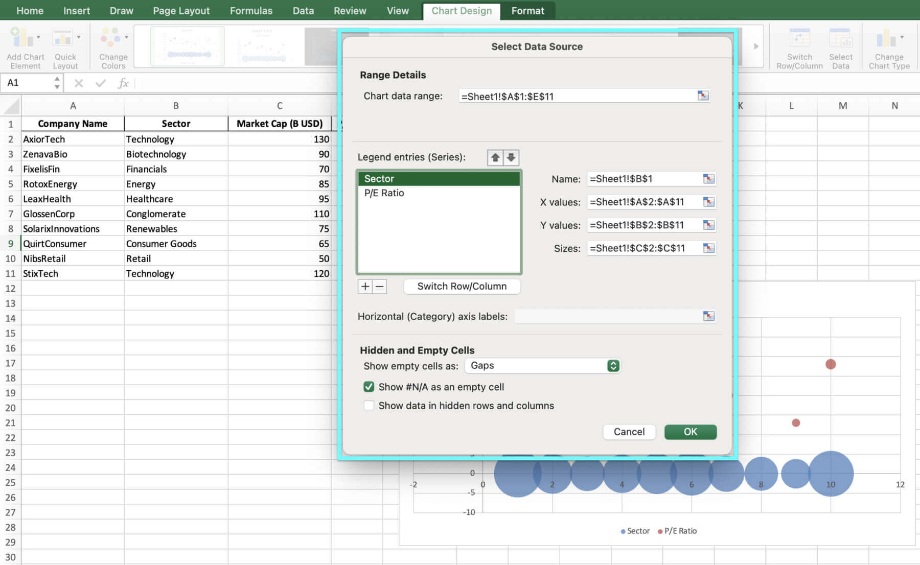how to create a bubble chart in excel