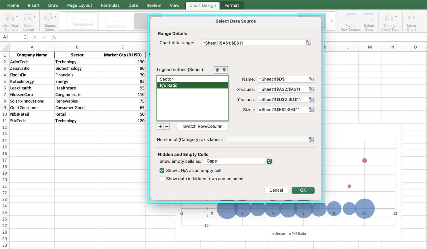 how to create a bubble chart in excel