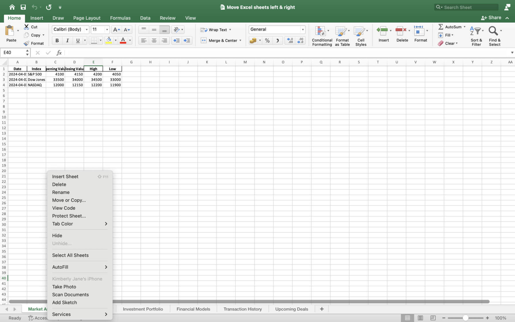 move excel sheets left right