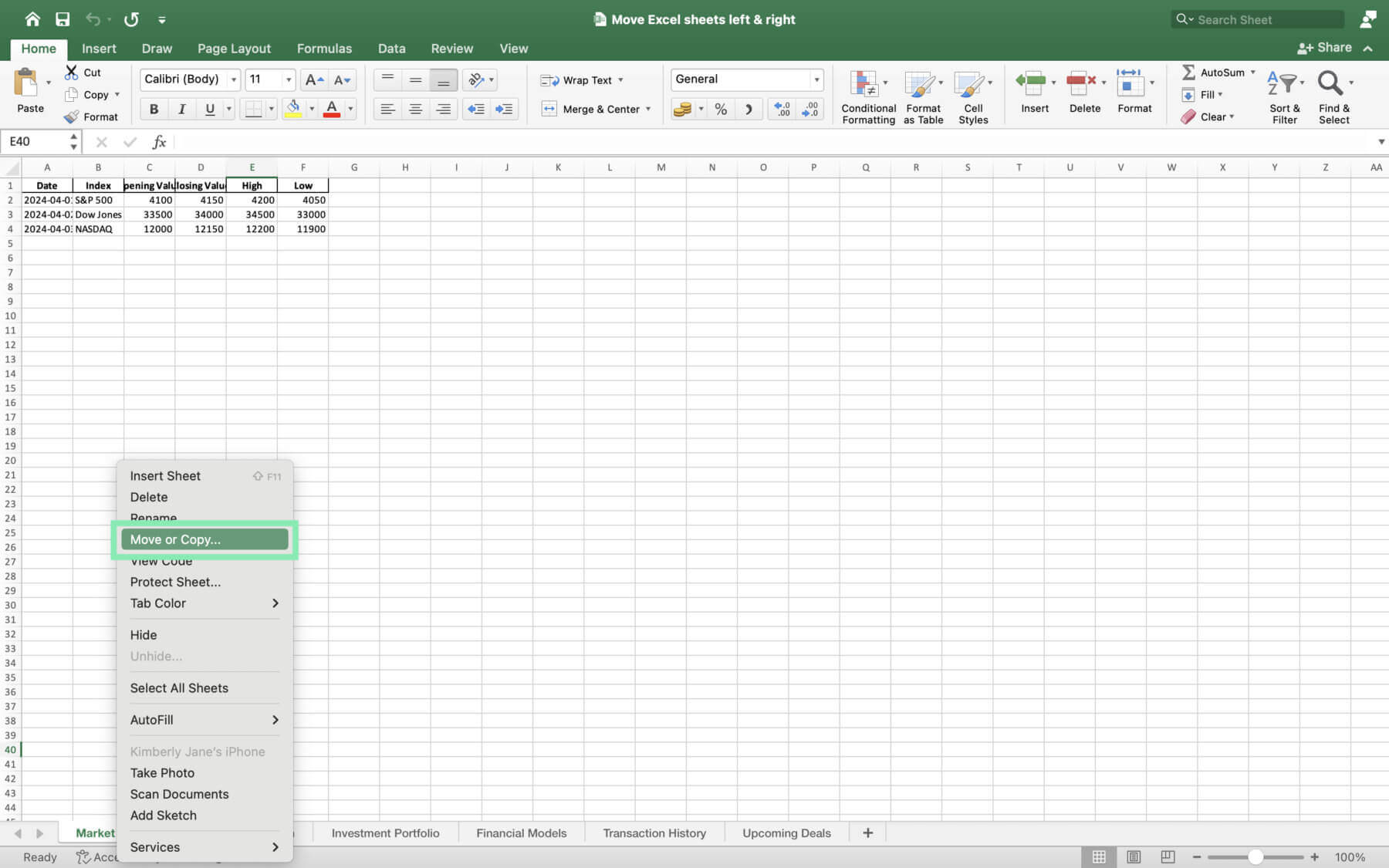 move excel sheets left right