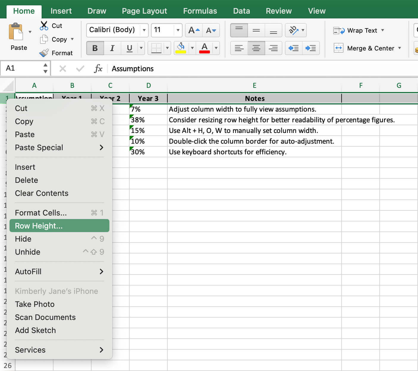 shortcut to resize row and column height width excel