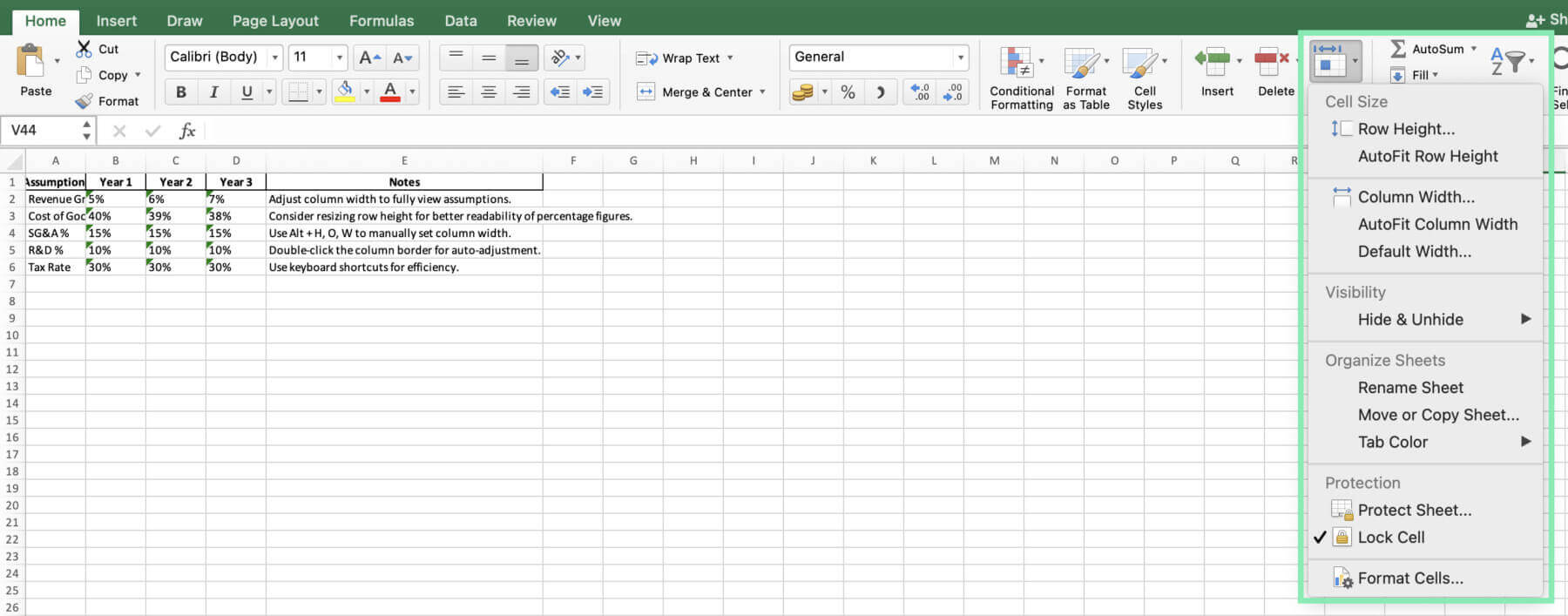 shortcut to resize row and column height width excel