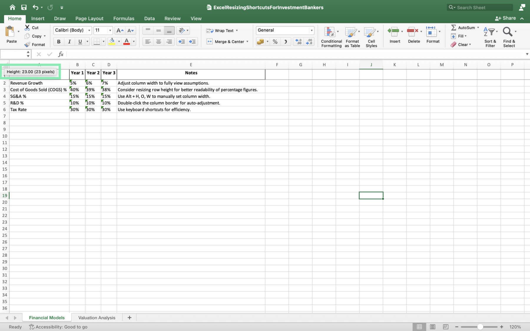 shortcut to resize row and column height width excel