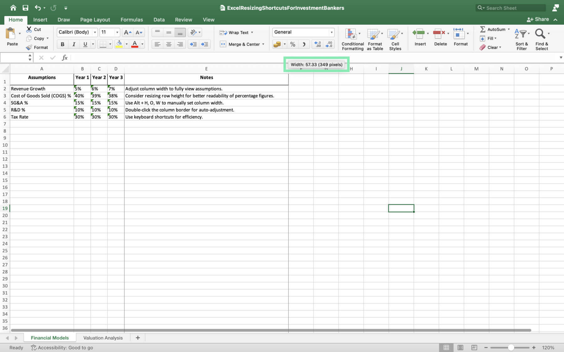 shortcut to resize row and column height width excel