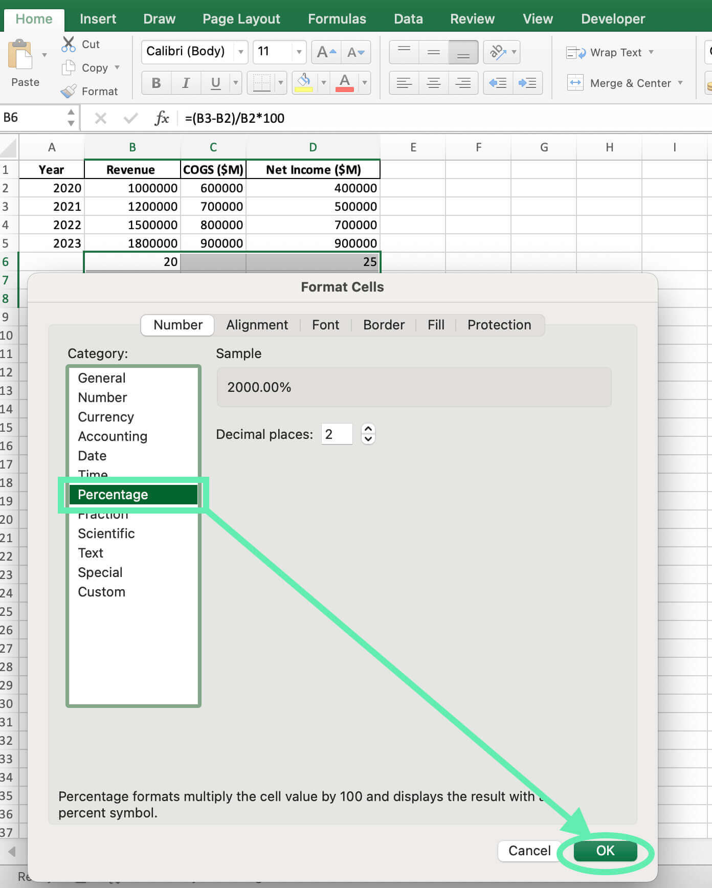 create percentage change between two numbers excel