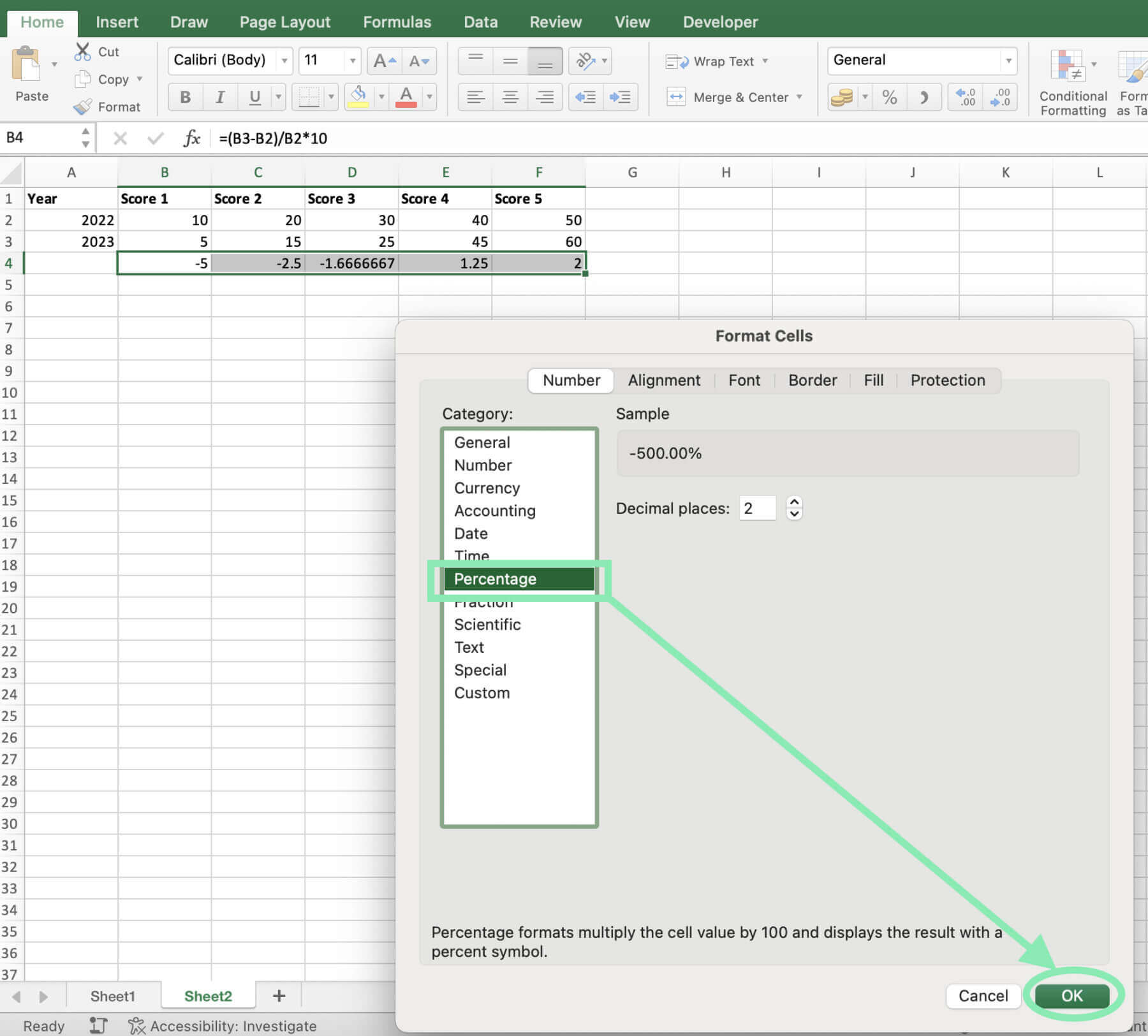 create percentage change between two numbers excel