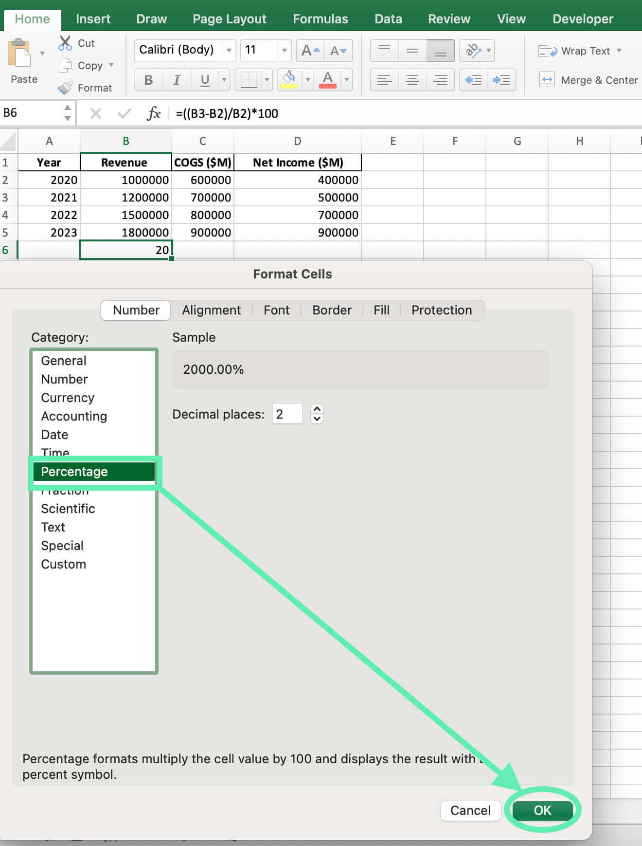 create percentage change between two numbers excel