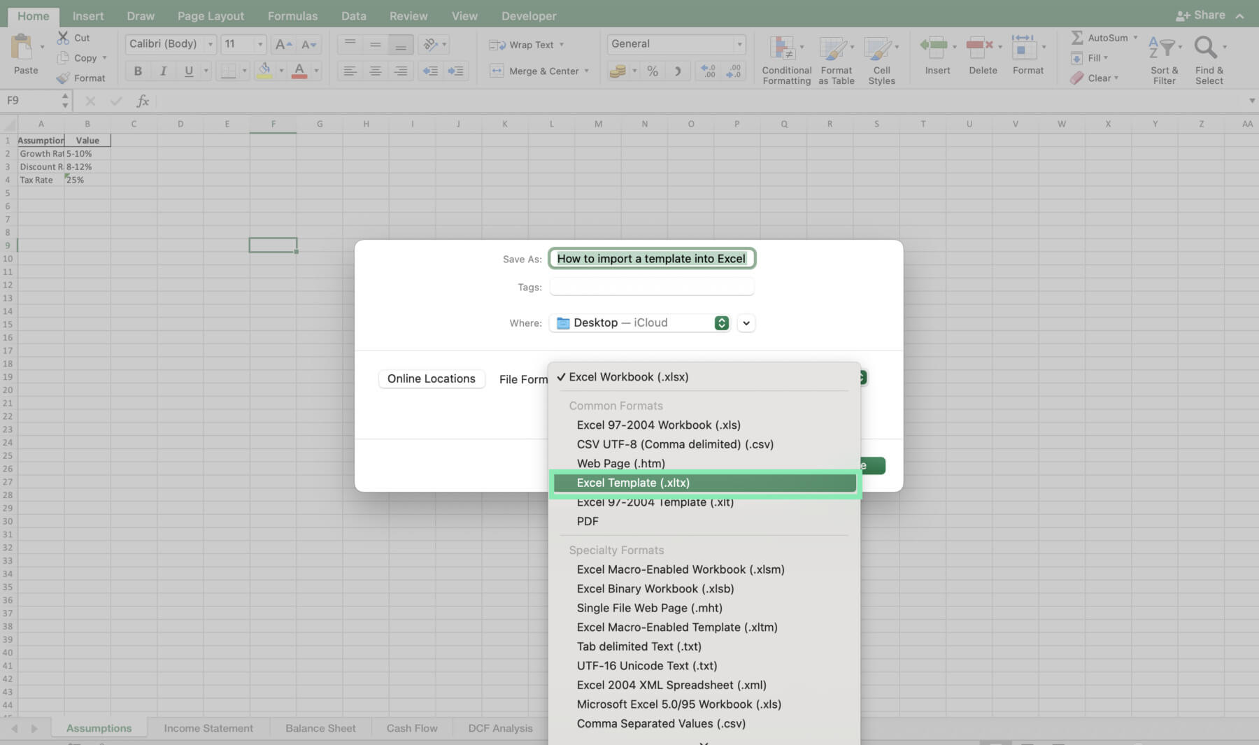 import template into excel