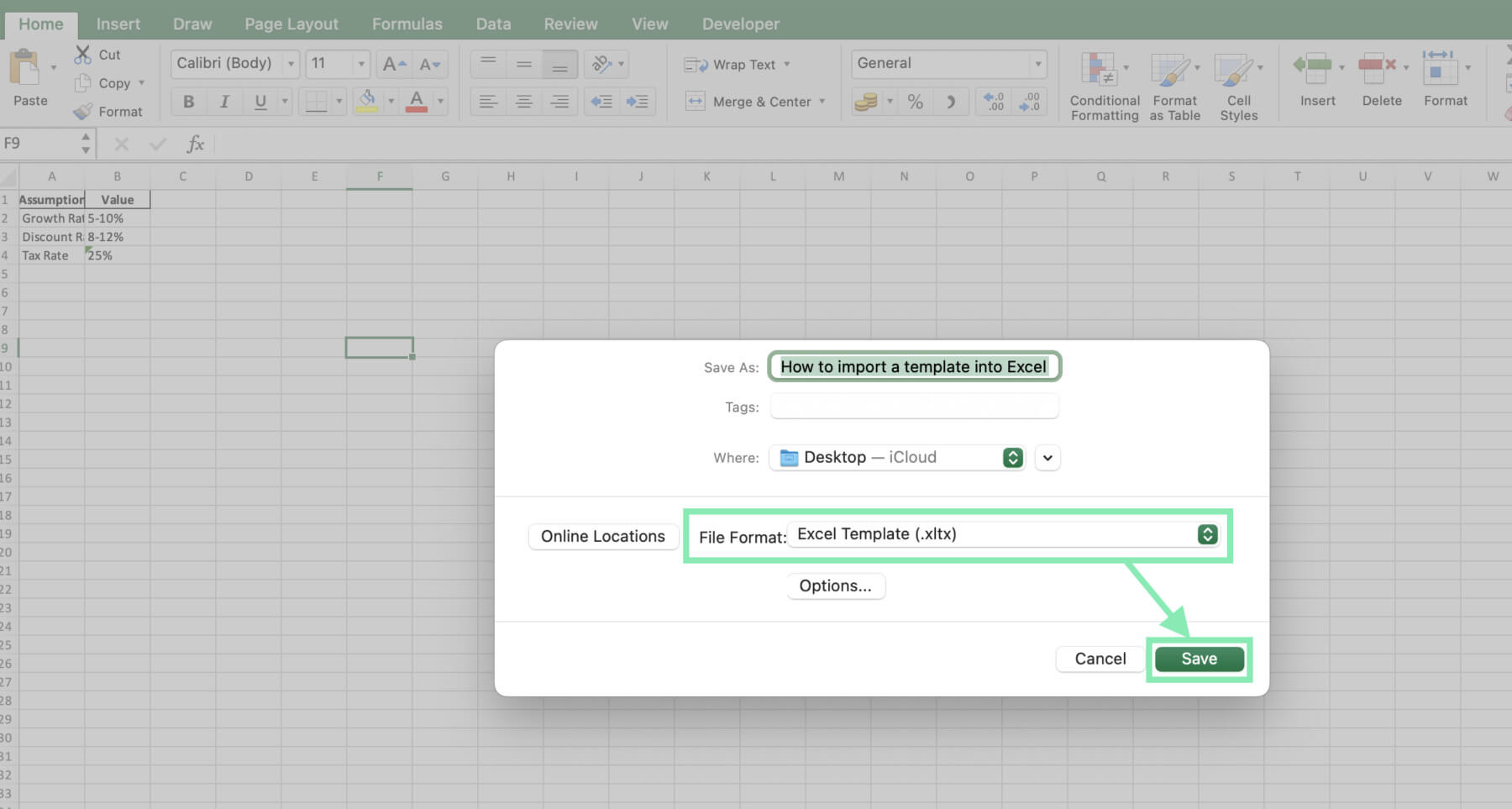import template into excel
