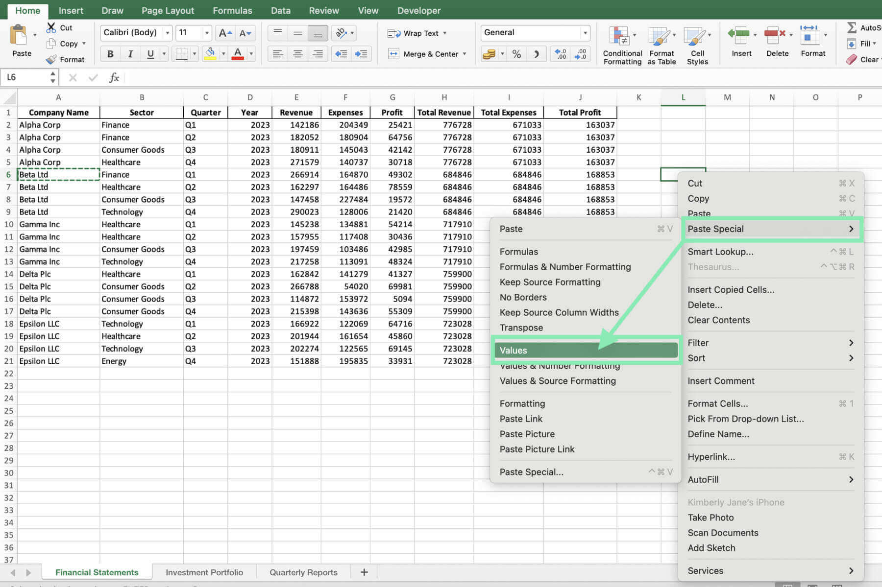 paste options excel