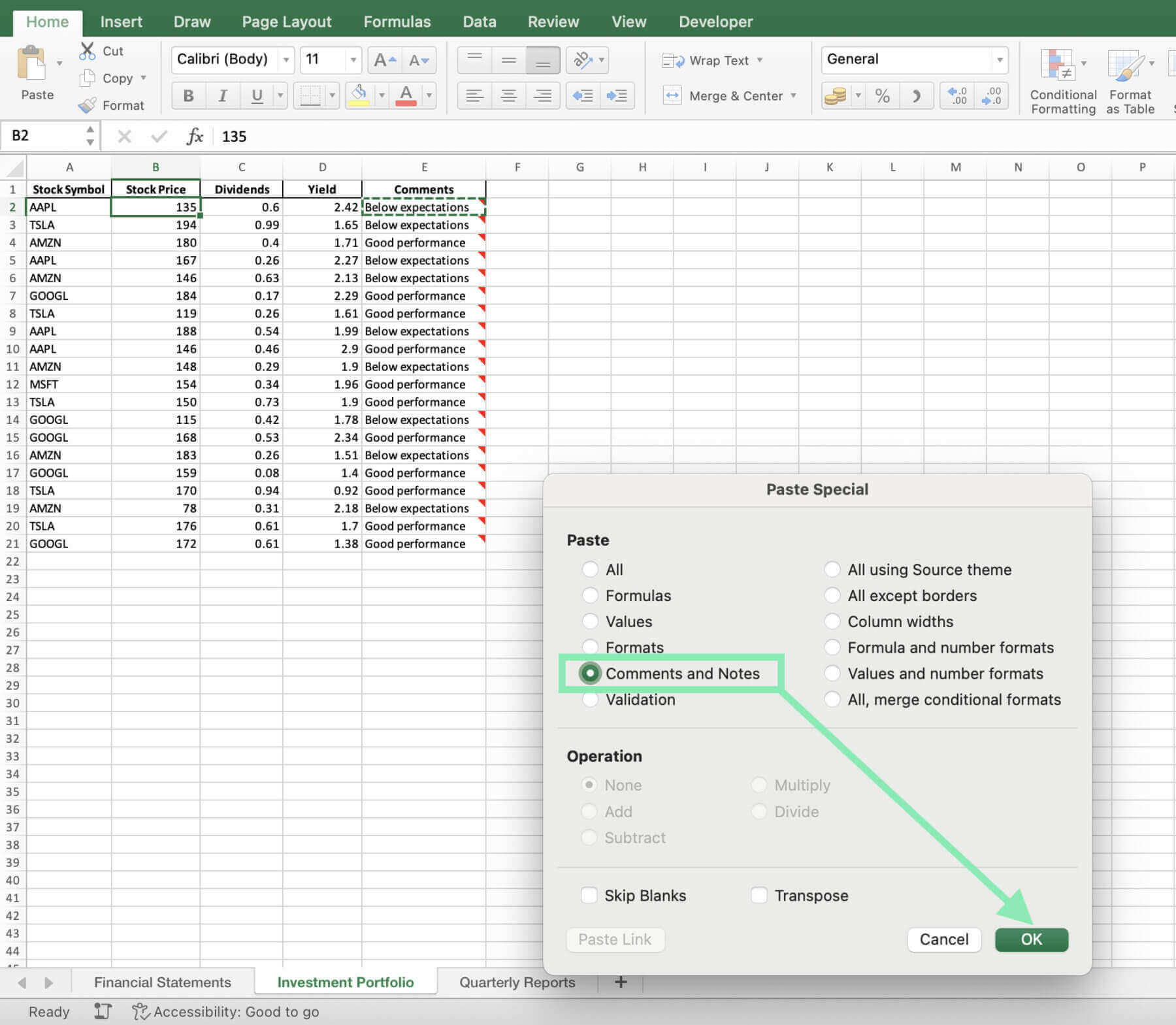 paste options excel