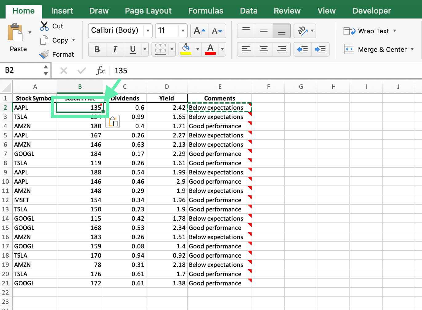 paste options excel