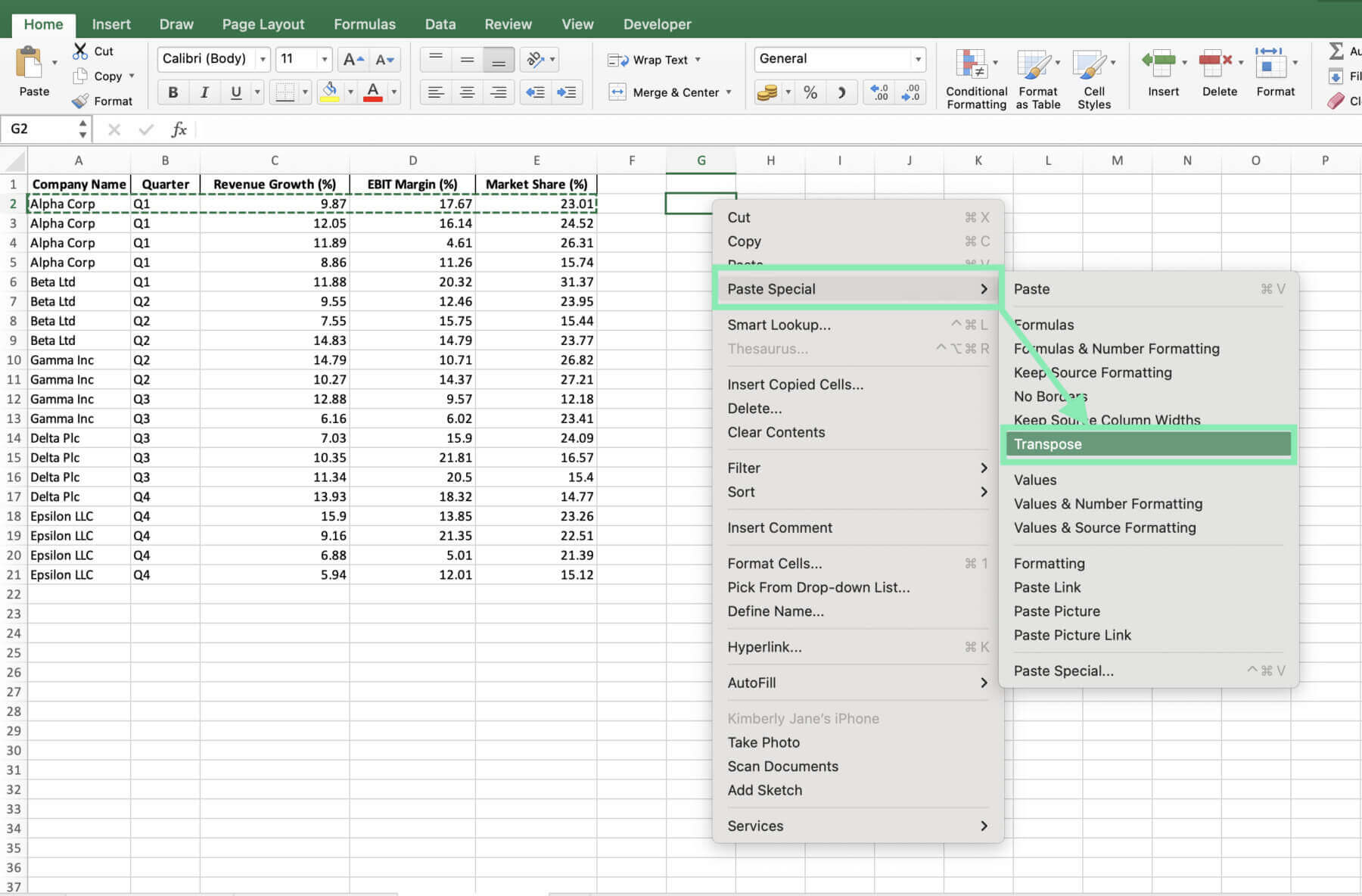 paste options excel