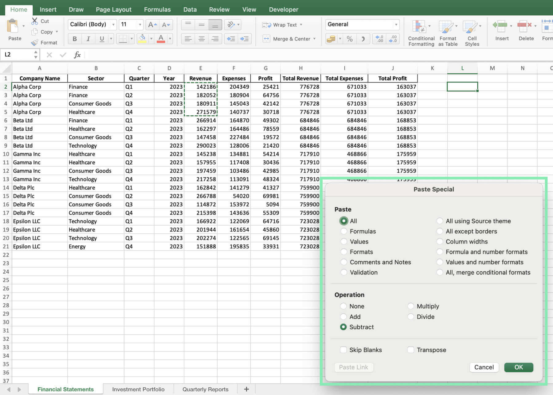 paste options excel