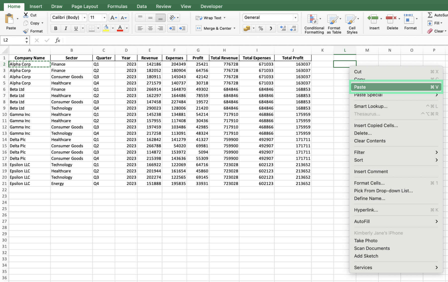 paste options excel