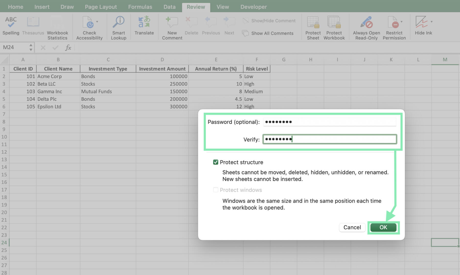 using passwords protect excel workbook